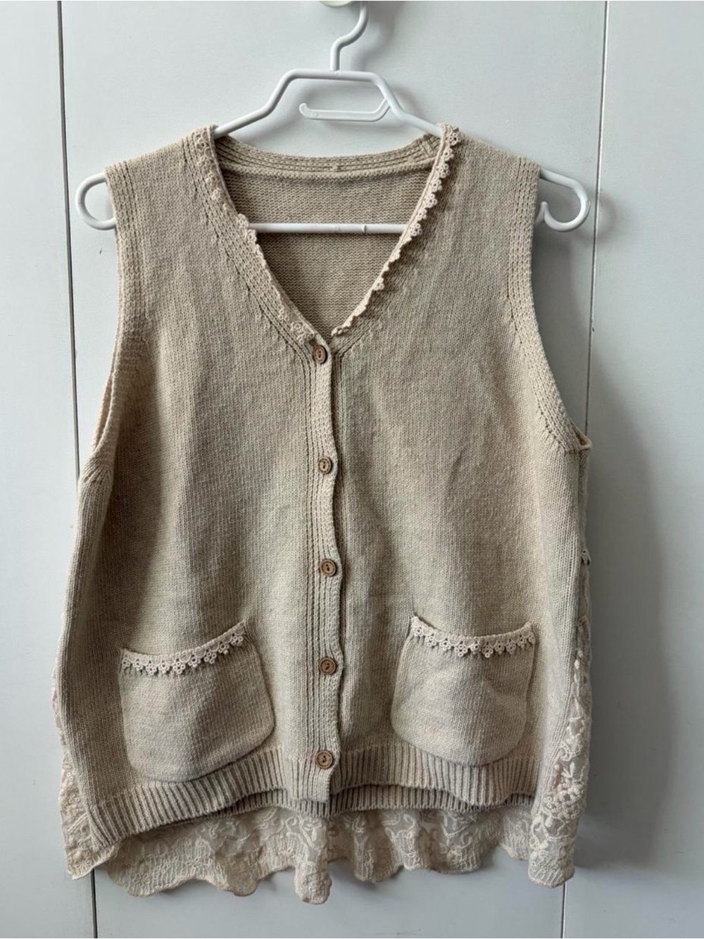 Beige Lace-Trim Knit Button-Front Vest
